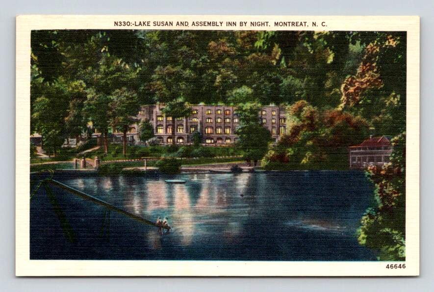 Montreat North Carolina Moonlight Night Lake Susan & Assembly Inn Postcard (eCL602)