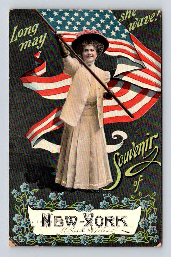Lady Holding Flag - Long May She Wave, New York Postcard (eCL654)