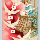 To My Valentine Lovely in Blue Girl, Doves & Hearts 1907 Postcard (eCL672)