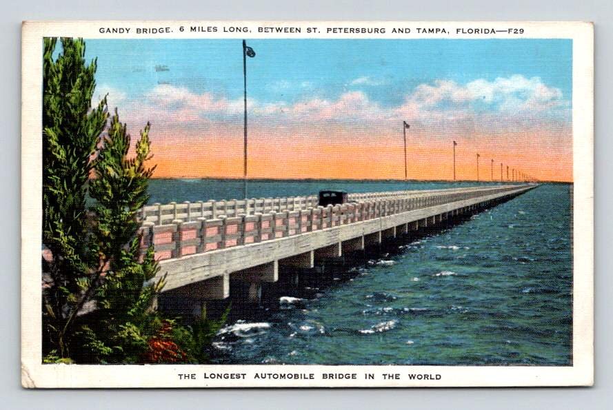 Gandy Bridge between St. Petersburg & Tampa Florida 1934 Postcard (ecL738)