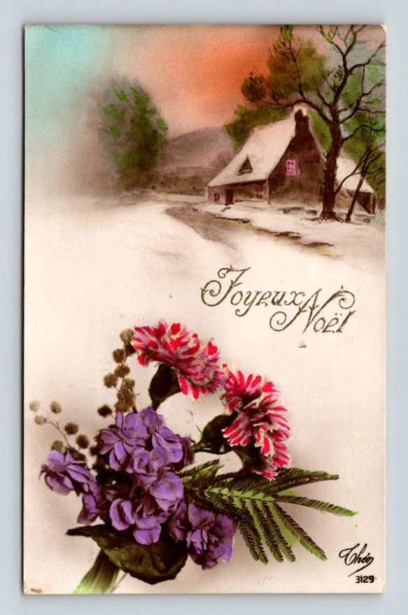 Merry Christmas- Joyeux Noel Violets, Carnations 1912 Postcard (eCL848)