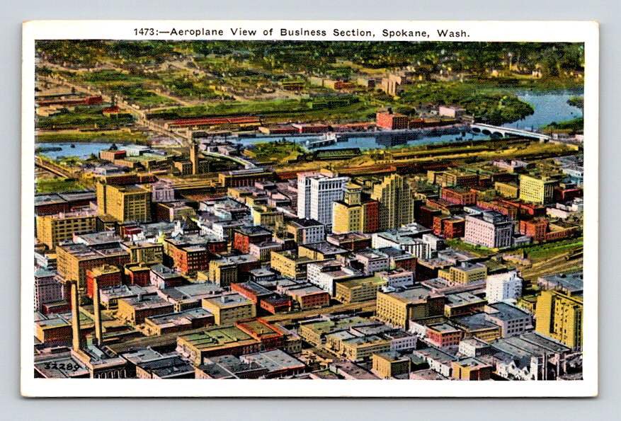 Spokane Washington Aeroplane View Business District Postcard (ecL862)