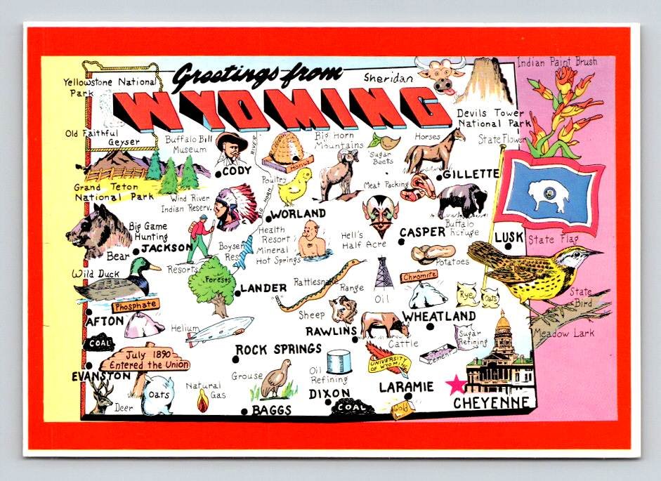 Wyoming Map Greetings From Postcard (ecL1080)