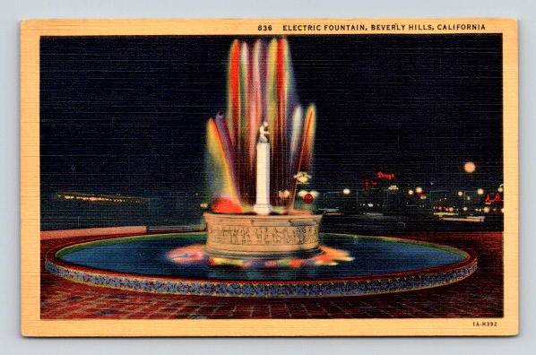 Beverly Hills California Electric Fountain Night View Postcard (ecM37)
