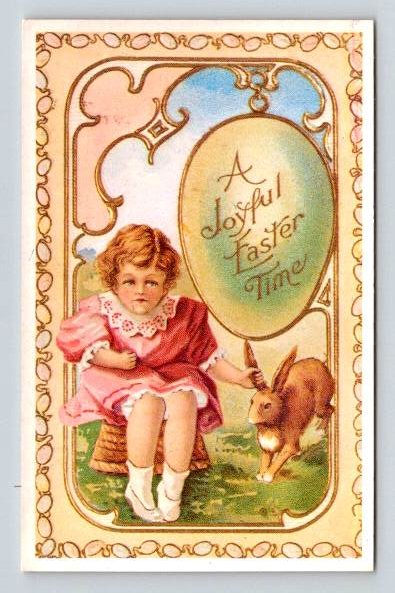 Joyful Easter Time - Young Girl with Bunny by the Ear - Vintage Reprint Postcard (ecM45)