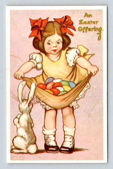 An Easter Offering - Colored Eggs Offered To Bunny Rabbit - Vintage Reprint Postcard (ecM47)