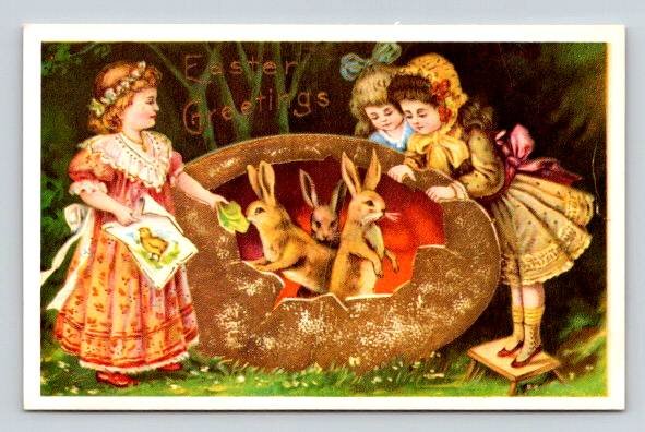Easter Greetings - Young Girls Seeing the Hatching Bunny Rabbits - Vintage Reprint Postcard (ecM51)