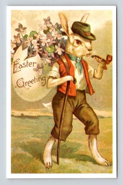 Easter Greeting Smoking Anthropomorphic Dad Rabbit - Vintage Reprint Postcard (ecM53)