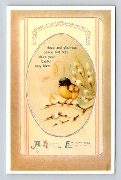 A Happy Easter Chickadee Bird on Pussy Will Branch - Vintage Reprint Postcard (ecM55)