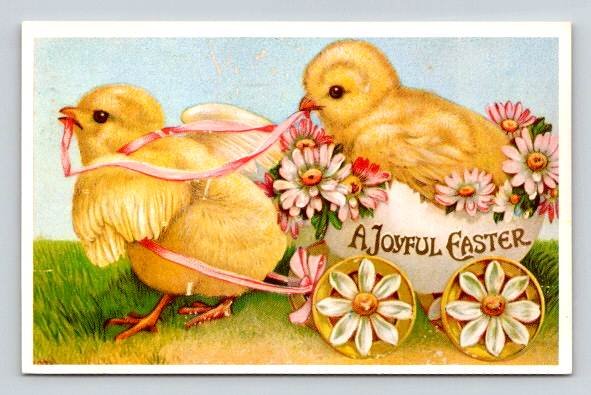 A Joyful Easter - Chick in Egg Cart - Vintage Reprint Postcard (ecM57)