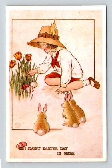 Oh Happy Easter Day is Here - Child, Tulips and Bunny Rabbits - Vintage Reprint Postcard (ecM59)