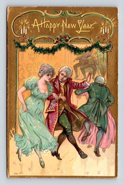 A Happy New Year Gold Trimmed Victorian Dancers Postcard (ecM129)