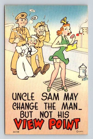 Uncle Sam may change the Man but Not His View Point - Comic Risque Military Postcard (ecM191)