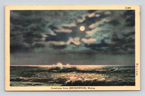Greetings From Brunswick Maine - Moonlight Night Postcard (ecM276)
