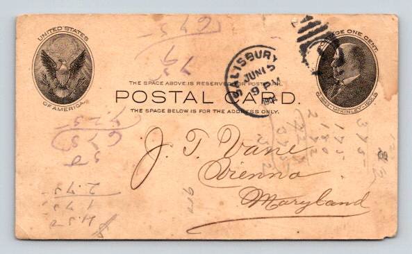 Postal Card, Salisbury Maryland Gunby Co. Hardware 1904 McKinley Postcard  (ecM292)