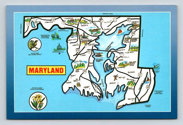 Maryland Map Continental Older Postcard (ContA-667)