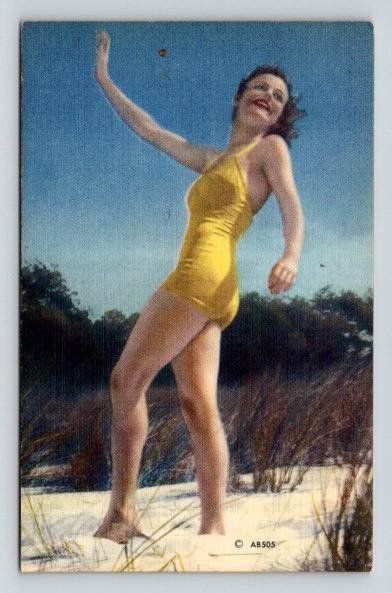 Vintage Bathing Beauty Pinup Girl, Swimsuit - Linen Postcard (ecM316)