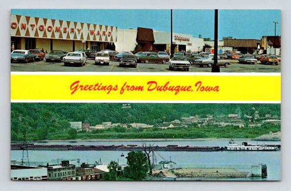 Dubuque Iowa Yellow Greetings From - Montgomery Ward, Walgreens Drugs Postcard (O-89)