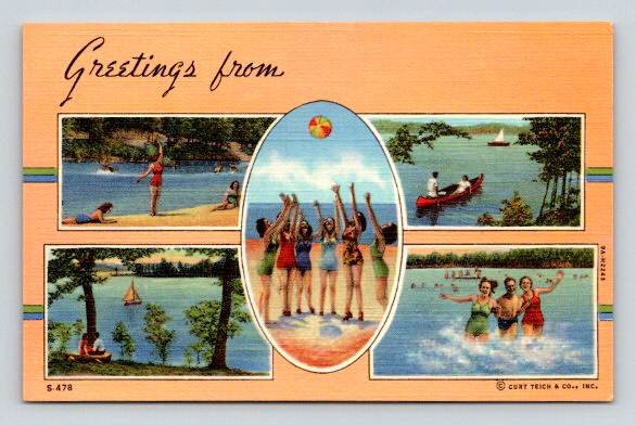 Greetings from Vintage Bathing Beauty Linen Multiview Postcard (O-203)