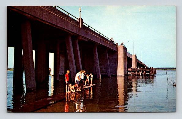 Ocean City Maryland Route 50 Bridge Kids on Catwalk, Fishing, Crabbing Postcard (O-461)