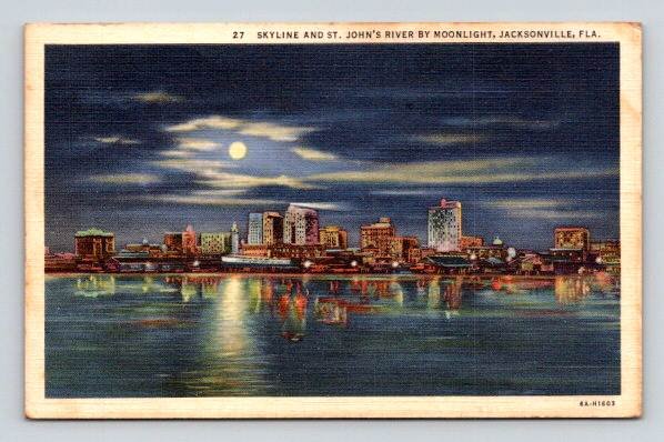 1942 Jacksonville Florida St. John's River Skyline by Moonlight Postcard (O-904)
