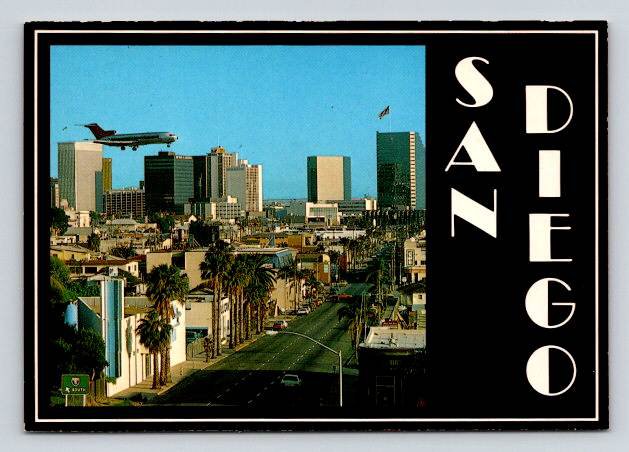 San Diego California City View with Overhead JET - Continental Postcard (ContB-251)