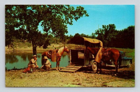 Texas Rangers Nooday Camp Scene, Horses, Saddles, Guns Postcard (R-829)