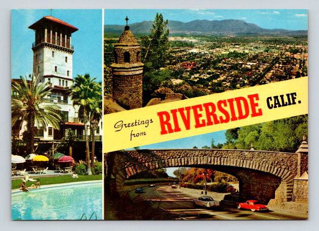 Riverside California Greetings From Yellow Banner Multi View Postcard (ContB-821)