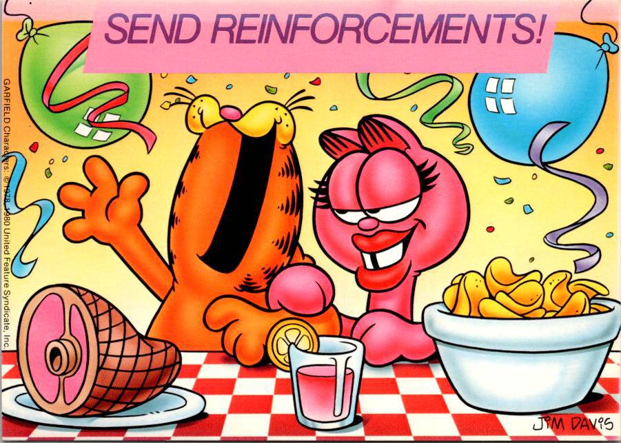 Garfield Cat - Send Reinforcements to the Party Comic Signed Jim Davis Postcard (ContC-141)