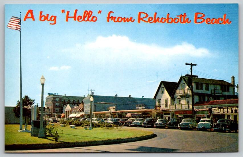 Rehoboth Beach Delaware Boardwalk View & Rehoboth Avenue Postcard (V-448)