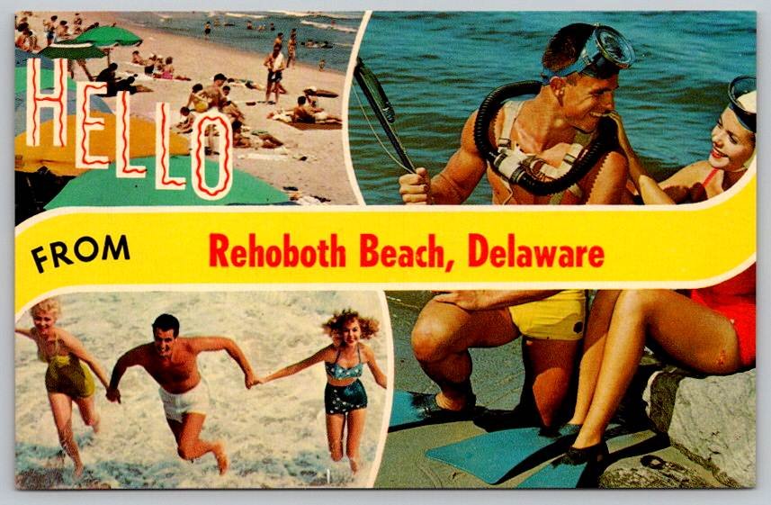 Hello From Rehoboth Beach Delaware - Bathers, Diver Postcard (V-573)