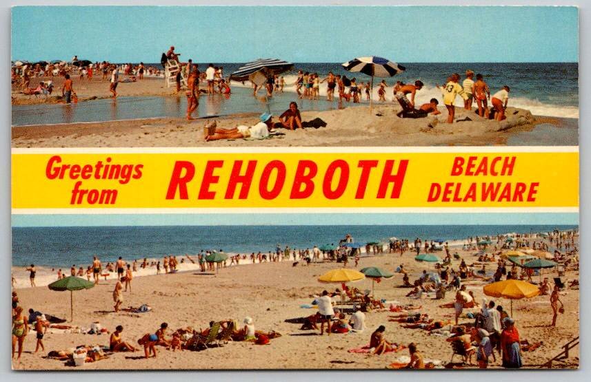 Rehoboth Beach Delaware Yellow Banner Greetings From Postcard (W-399)