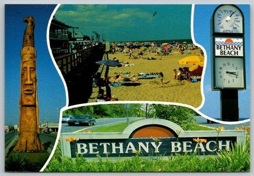 Bethany Beach Delaware Totem, Clock, Boardwalk, Bathers Postcard (ContE-71)