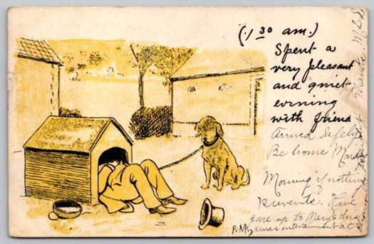 In The Dog House Again - Sad Dog Kicked out of His House Comic Postcard 1906 (ecM346)