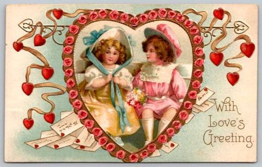 With Love's Greeting - All Hearts Young Boy & Girl Vintage Emobssed Postcard (PCCA-9)