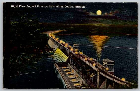 Ozarks Missouri Bagnell Dam & Lake Moonlight Night Postcard (PCCA-25)