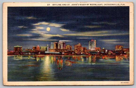 Jacksonville Florida St. John's River Skyline Moonlight Night 1942 Postcard (PCCA-31)