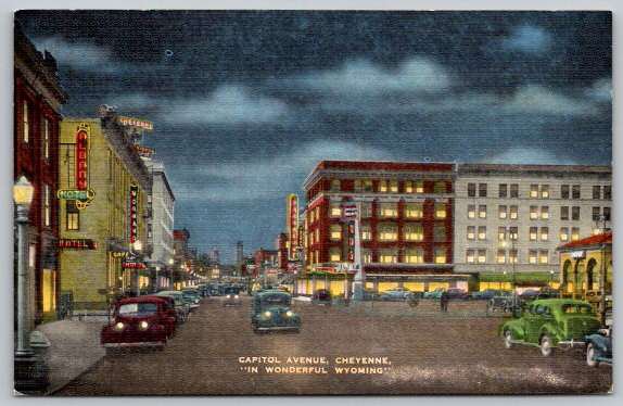 Cheyenne Wyoming Capitol Avenue Moonlight Night Postcard (PCCA-33)