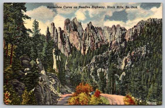 Black Hills South Dakota Horseshoe Curve on Needles Highway 1950 Postcard (AA-451)