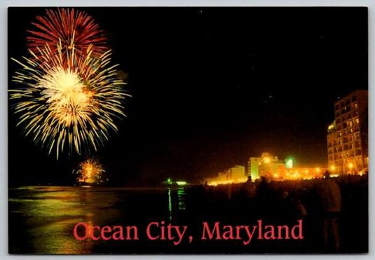 Ocean City Maryland Fourth of July Fireworks on the Beach - Night Postcard (ContG-335)