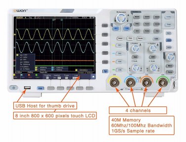 OWON XDS3064AE Oscilloscope 60MHz, 4ch 14bits standard w/Touch/I2C / SPI / RS23