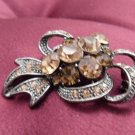 Deep Champagne Austrian Crystals with Chrome Ribbon Brooch Costume Jewelry
