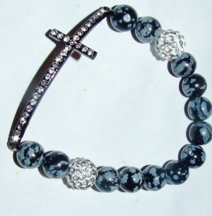 Women's Snowflake Obsidian Stretch Sideways Cross Bracelet 7.25"