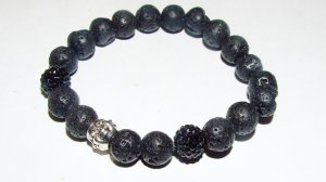 Black Lava Stone Stretch Bracelet W/ Buddha 7.75"