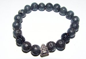 Black Lava Stone Stretch Bracelet W/ Seated Buddha 7.50"