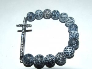 Black Frost Agate Sideways Cross Stretch Bracelet 7.10"