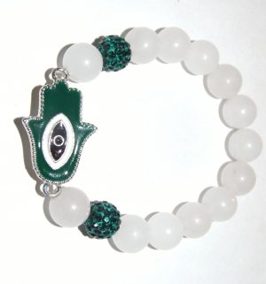 White 10 MM Jade Enamel Hamsa Stretch Bracelet 7.10"