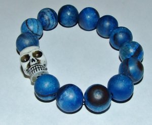 Blue Matte Jade 14 mm Yak Bone Skull Bracelet 8.25"