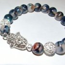 Unisex  Black Dragon Veins Agate Hamsa  Stretch Bracelet 7.75"