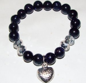 Blue Sand Sunstone Quartz Sitara Staras Heart Charm Stretch Bracelet 7.25"